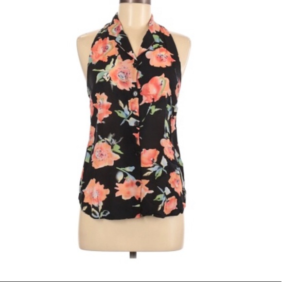 MINK PINK Black Floral Cutout Back Racerback Sleeveless Button Down Blou… - Picture 1 of 6